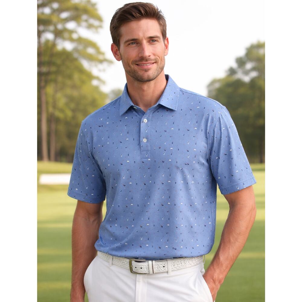 Straight Down Cocktail Blue Golf Polo Size Large All Over Drink Print